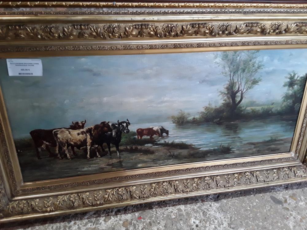 HUILE ANCIENNE ENCADREE DOREE PANORAMIQUE VACHES