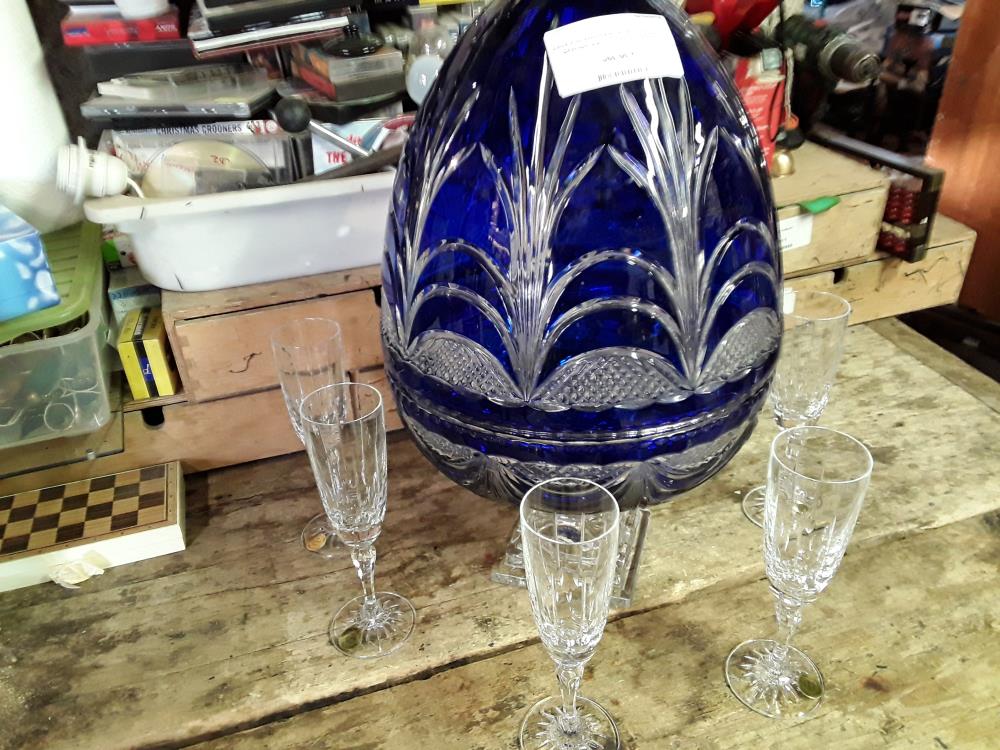 CAVE A CHAMPAGNE CRISTAL BLEU LES GRANDS DUC + 5 FLUTES CRISTAL