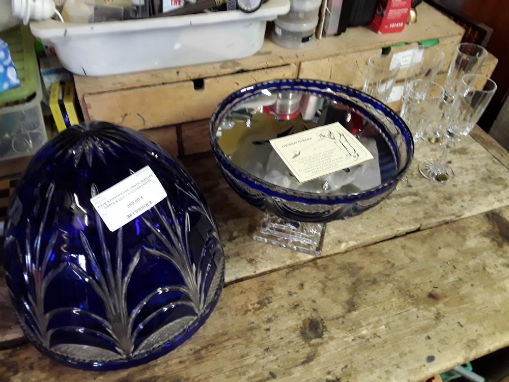 CAVE A CHAMPAGNE CRISTAL BLEU LES GRANDS DUC + 5 FLUTES CRISTAL