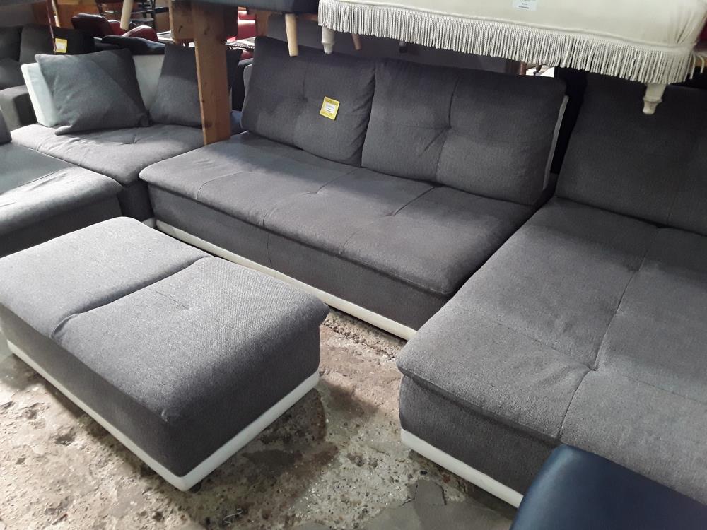 CANAPE PANORAMIQUE TISSU GRIS ET SIMILI BLANC DOSSIER COULISSANT