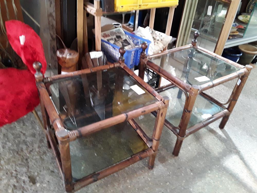 TABLE BASSE CAREE 45CM BAMBOU 2 PLATEAUX VERRE FUME