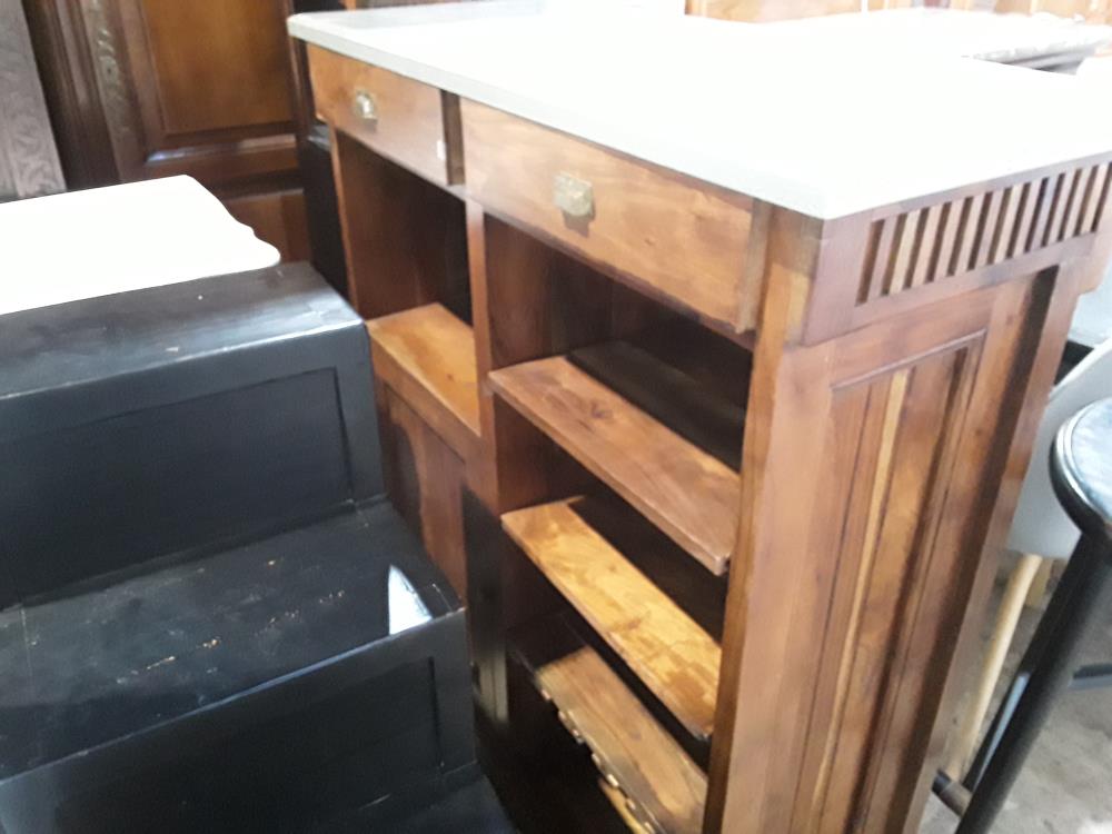 COMPTOIR BOIS EXOTIQUE  PLATEAU LAQUE GRIS 2 TIROIRS