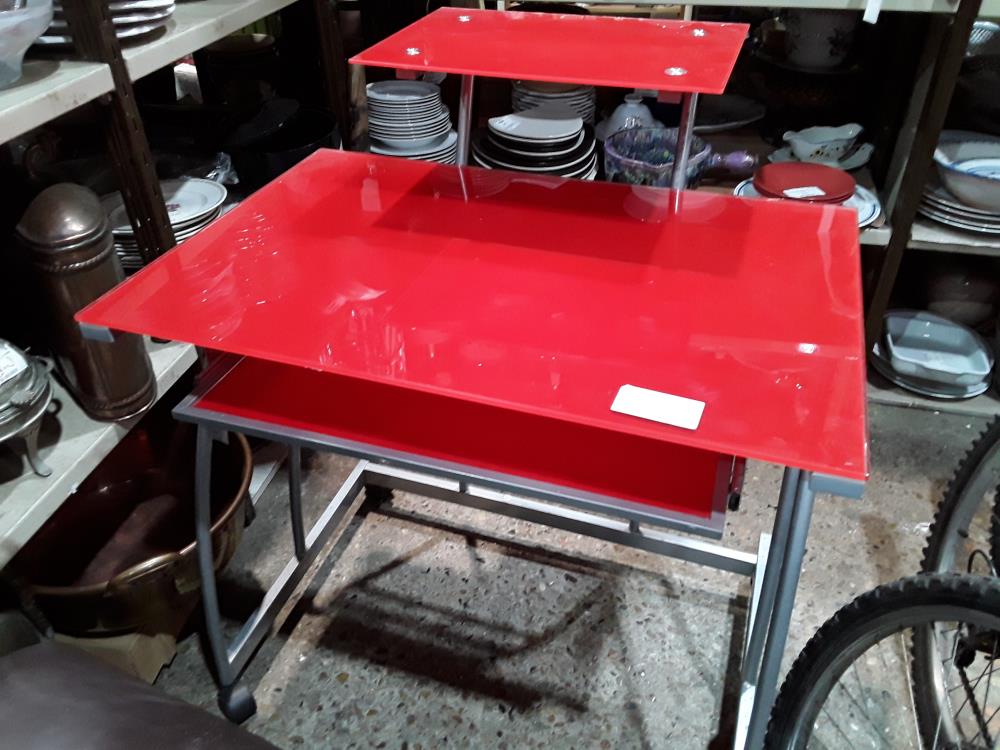 BUREAU INFO VERRE ROUGE A ROULETTES PLATEUA COULISSANT