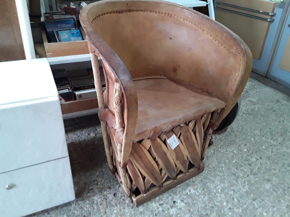 FAUTEUIL CUIR MEXICAIN BOIS LAMELLES