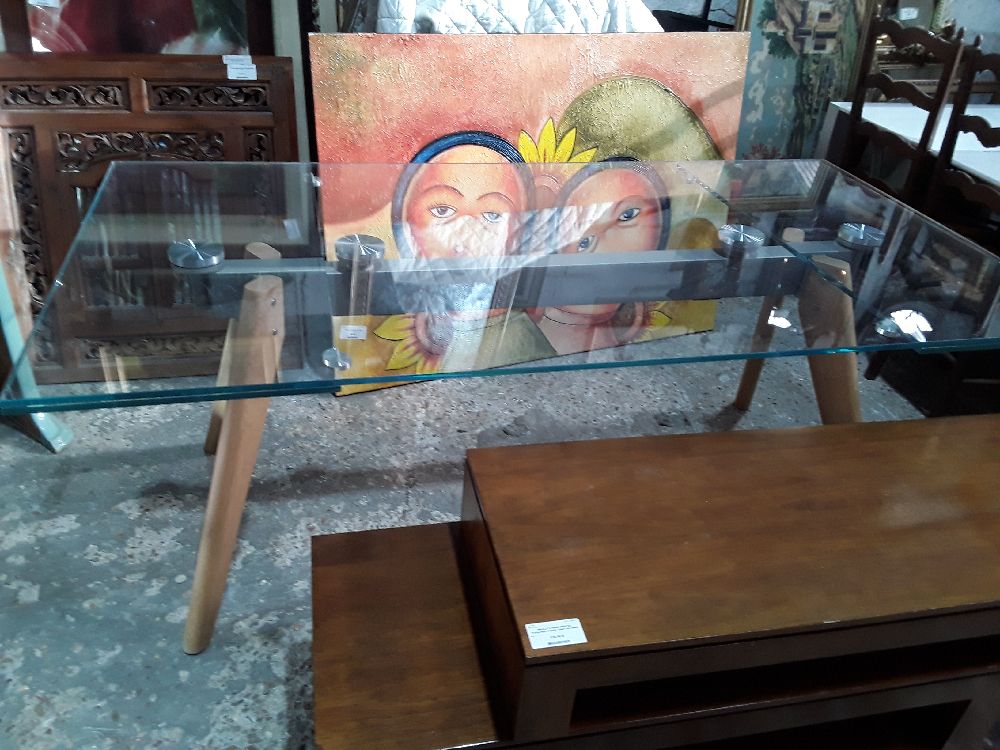 TABLE BO CONCEPT PLATEAU VERRE 190X100 + 2 ALL  45CM PIED BOIS NAT COMPACT 