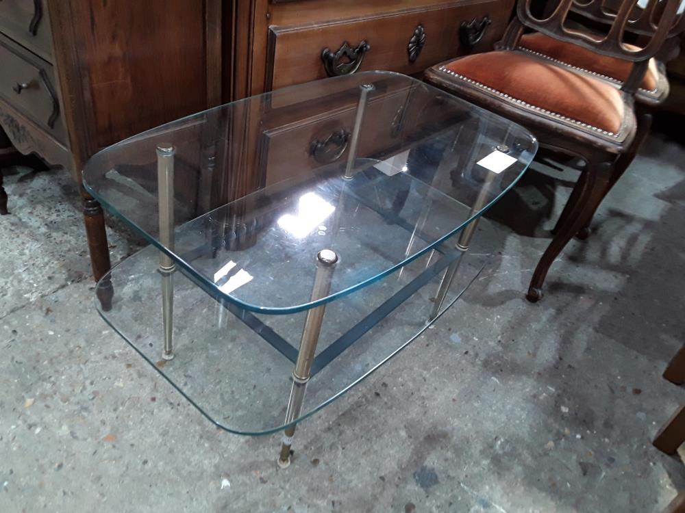 TABLE BASSE 2 PLATEAUX 75X45 VERRE PIED LAITON VINTAGE