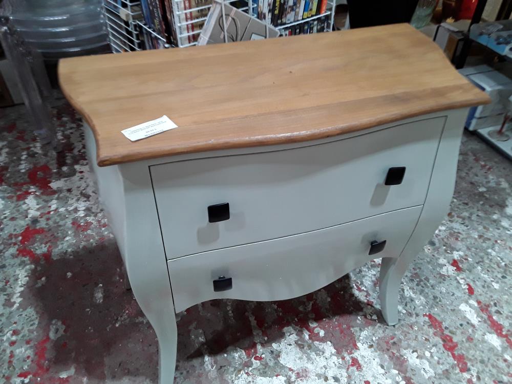 COMMODE 2T BOIS PEINT GRIS PLATEAUX BOIS NAT BOUTONS NOIR
