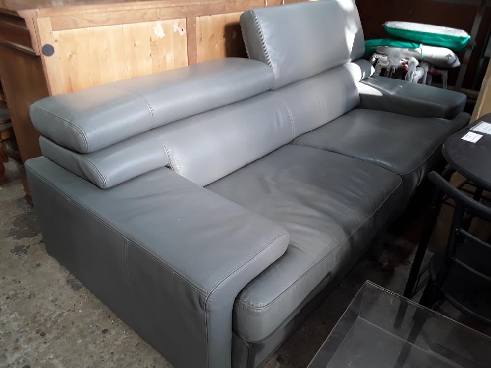 CANAPE 3 PLACES FIXE TETIERES REGLABLES CUIR GRIS