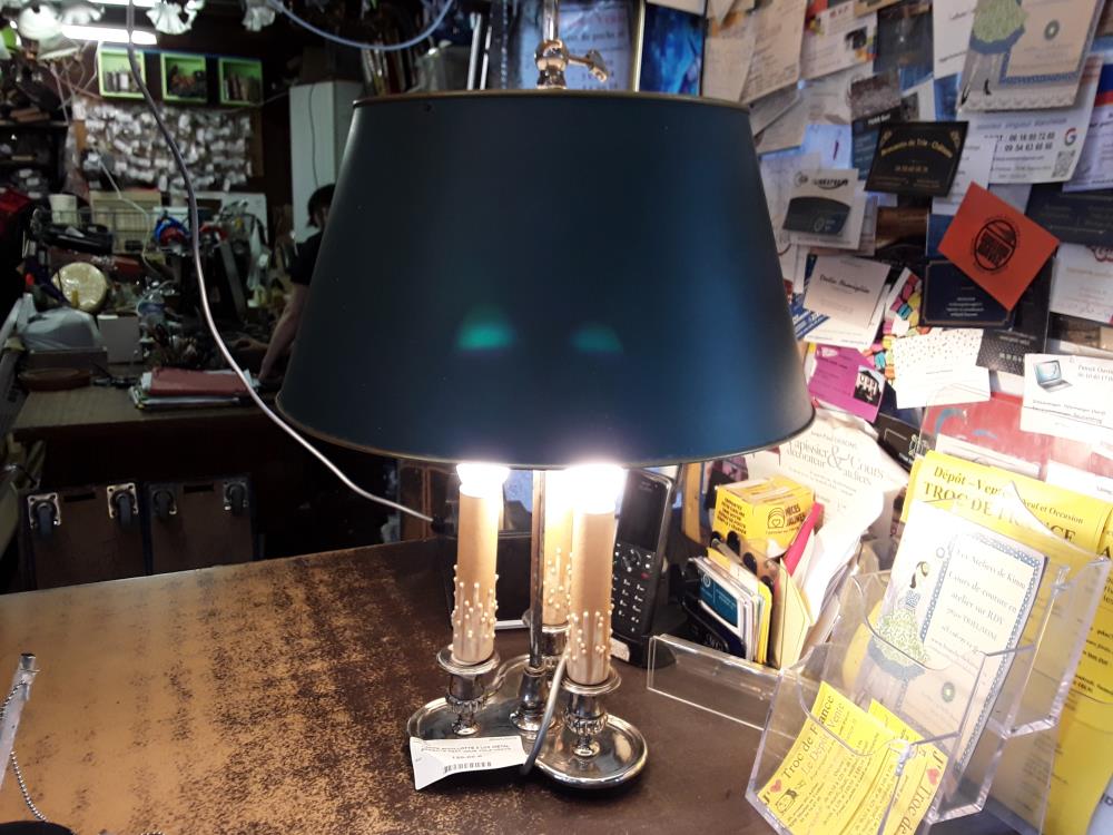 LAMPE BOUILLOTTE 3 LUX METAL ARGENTE ABAT JOUR TOLE VERTE