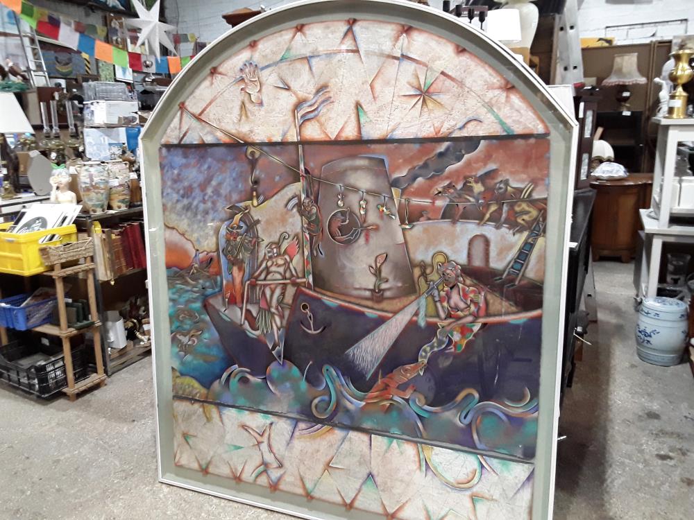 TABLEAU HUILE  PAPIER 162X193 DECOR BATEAU PERSONNAGES SIGNER SAUL KAMINER 94 SS PLEXI