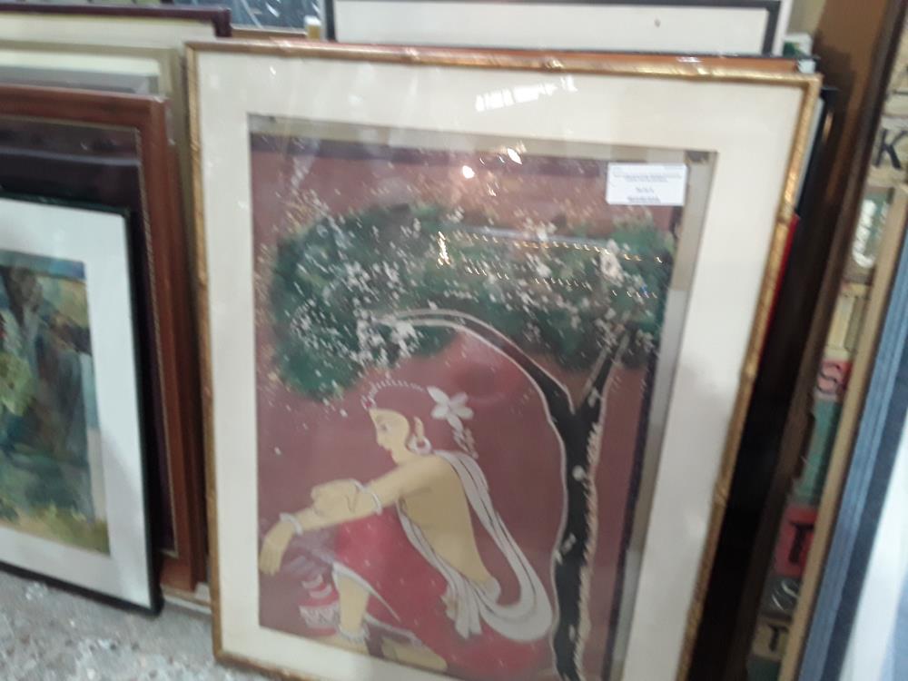 PEINTURE SUR SOIE FEMME BIRMANE CADRE FACON BAMBOU