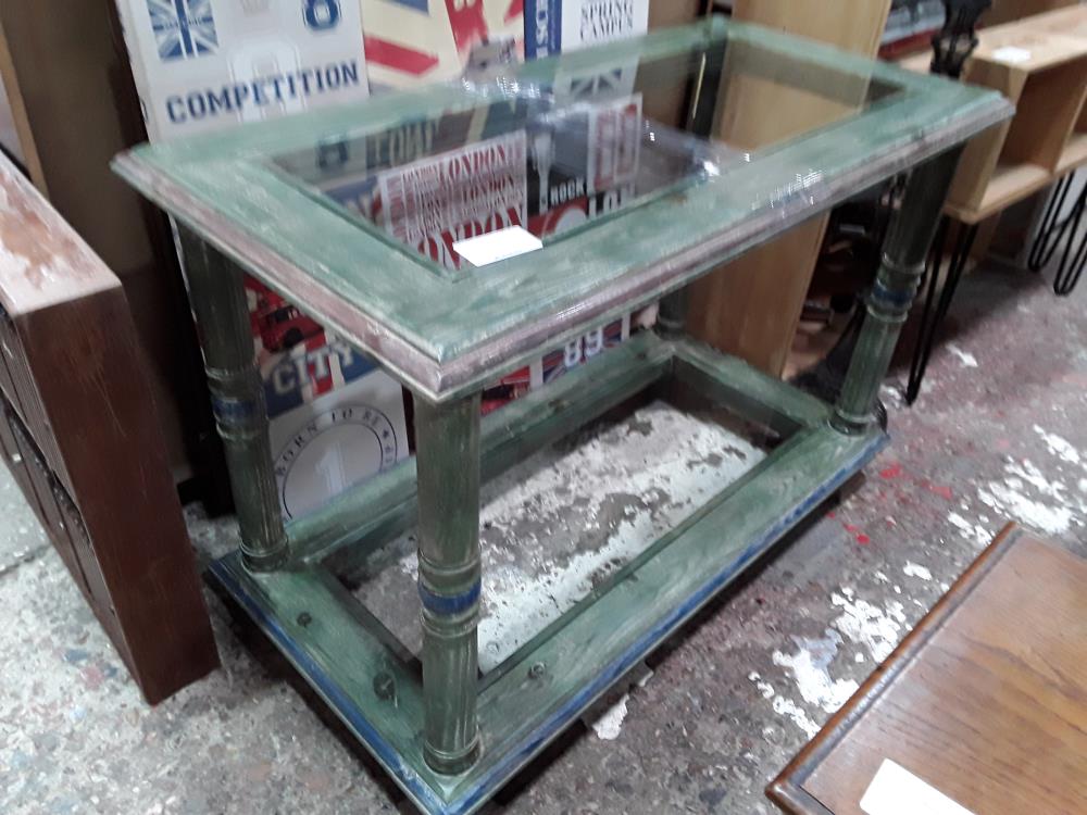 CONSOLE VERTE BOIS 55X109 2 PLATEAUX VERRE