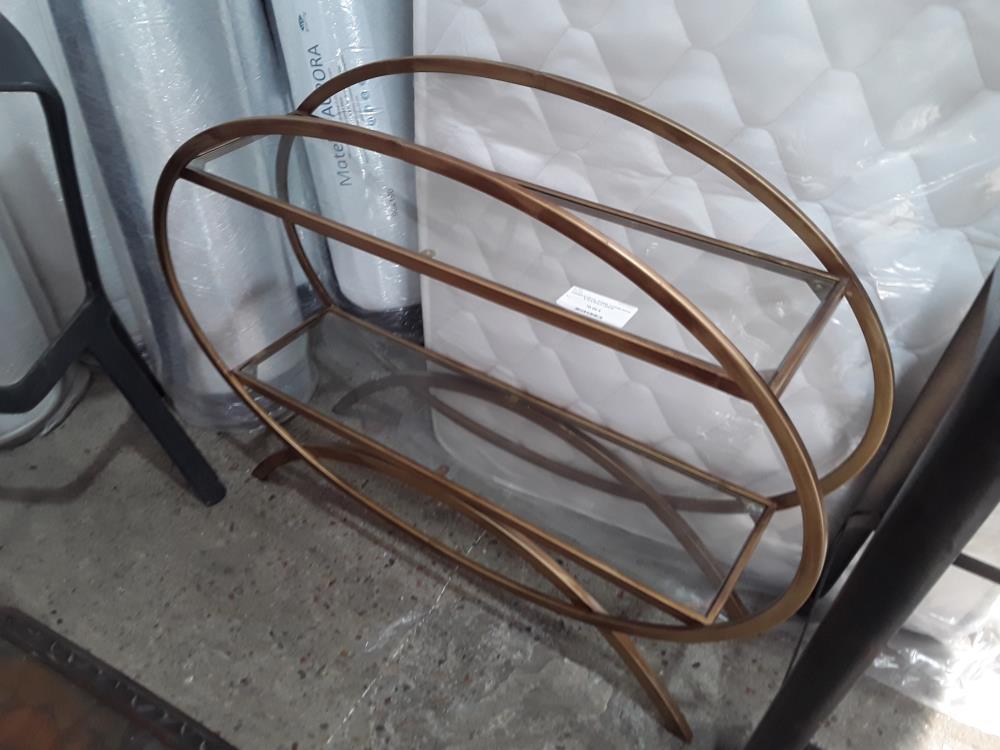 CONSOLE METAL DOREE OVOIDE 82CM 2 PLATEAUX VERRE