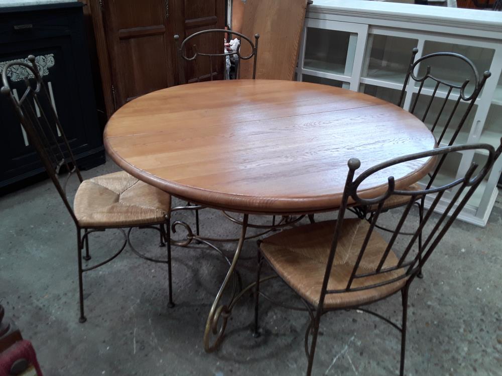 TABLE RONDE CHENE 120CM + ALLONGE A BANDEAU + 4 CHAISE FF ET PAILLE