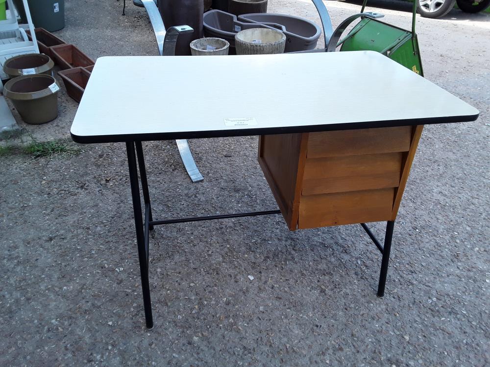 BUREAU VINTAGE PLATEAU FORMICA BEIGE 3T BOIS PIED FER