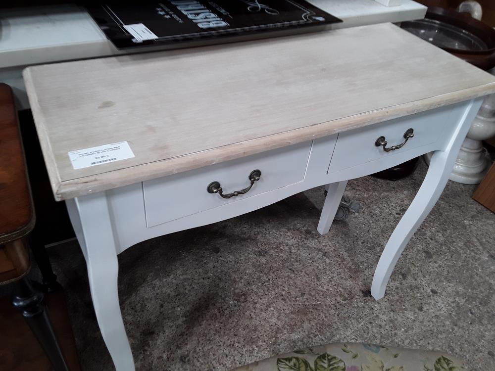 CONSOLE 87CM PLATEAU BOIS PIETEMENT BLANC 2 TIROIRS