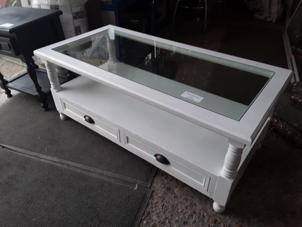 TABLE BASSE BLANCHE  RECT 2T PLATEAU VERRE RAYURES 