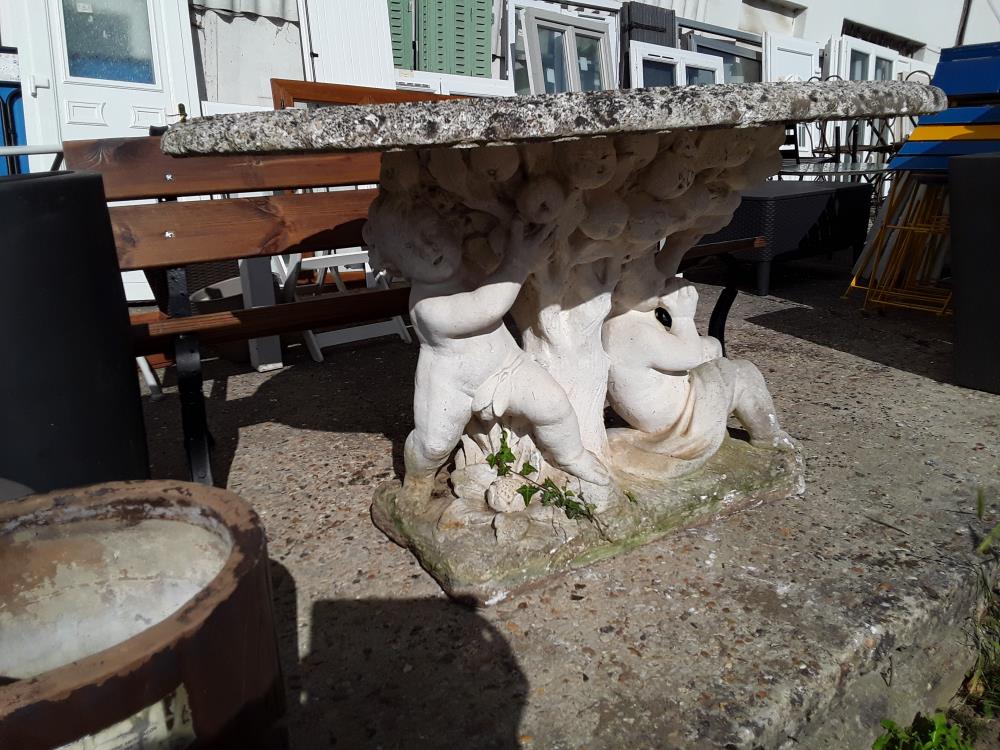 TABLE DE JARDIN PIERRE RECONSTITUEE PLATEAU OVALE 140CM PIED DECOR ANGELOTS