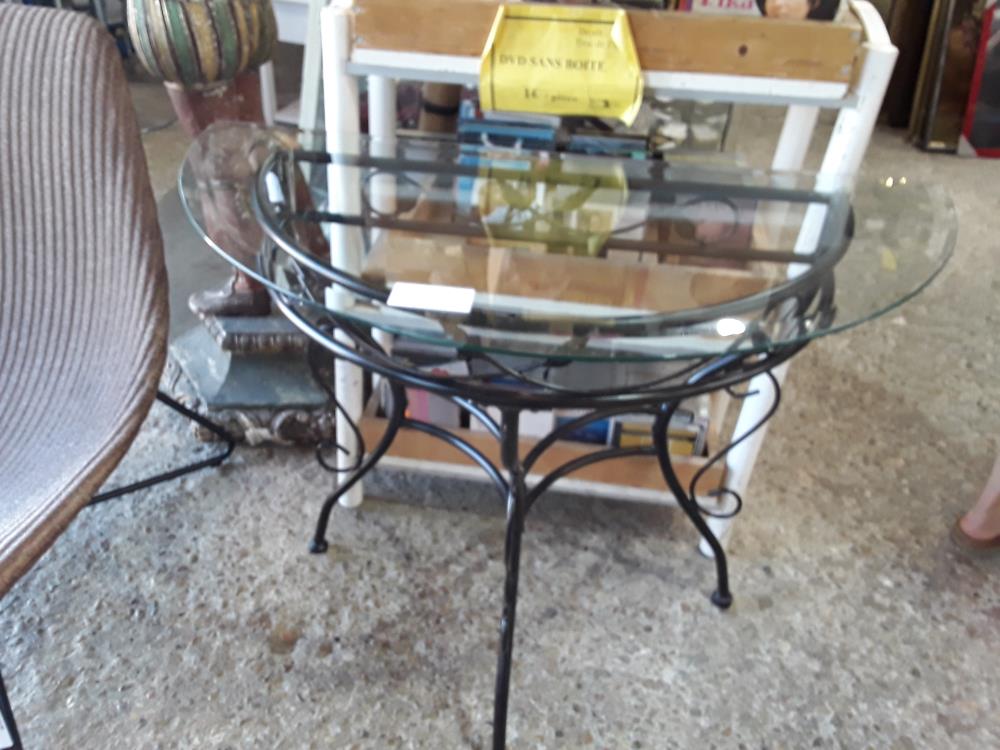 CONSOLE DEMI LUNE TUBE METAL NOIR PLATEAU VERRE 93X47
