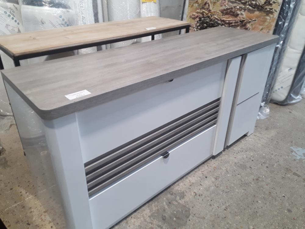 BUFFET BAS 1P 2T LAQUE BLANC PLATEAU GRIS 155CM