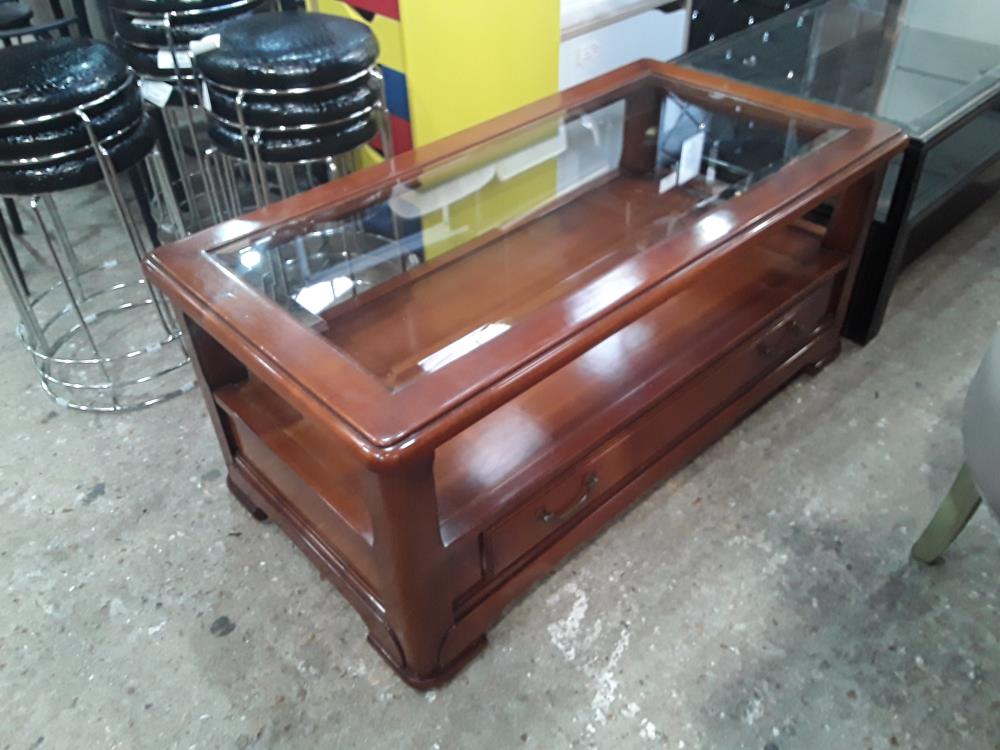 TABLE BASSE MERISIER RECT 1T BAS PLATEAU VERRE