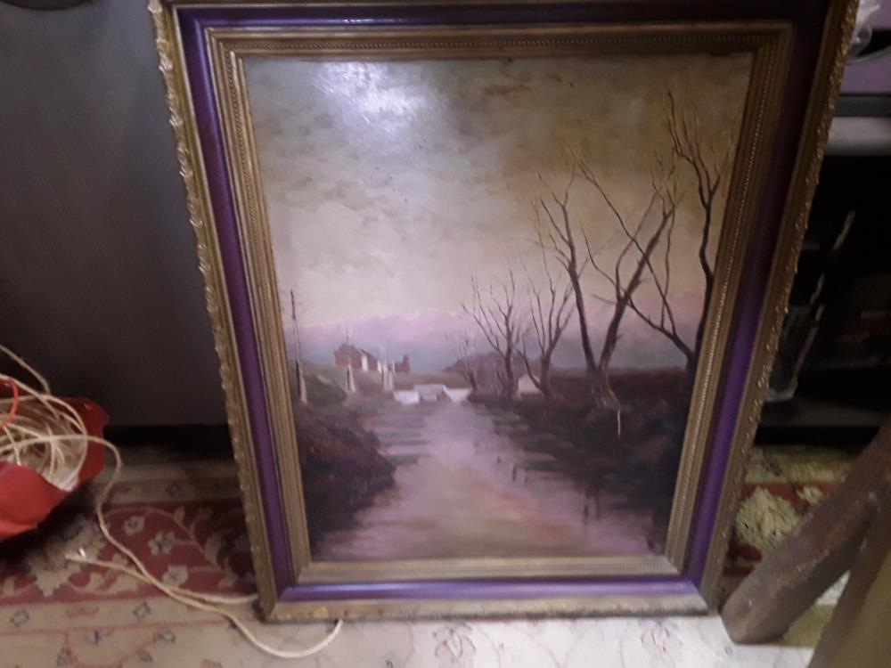 HUILE SUR PANNEAU ENTREE DE VILLAGE REFLETS MAUVE 1 RAYURE