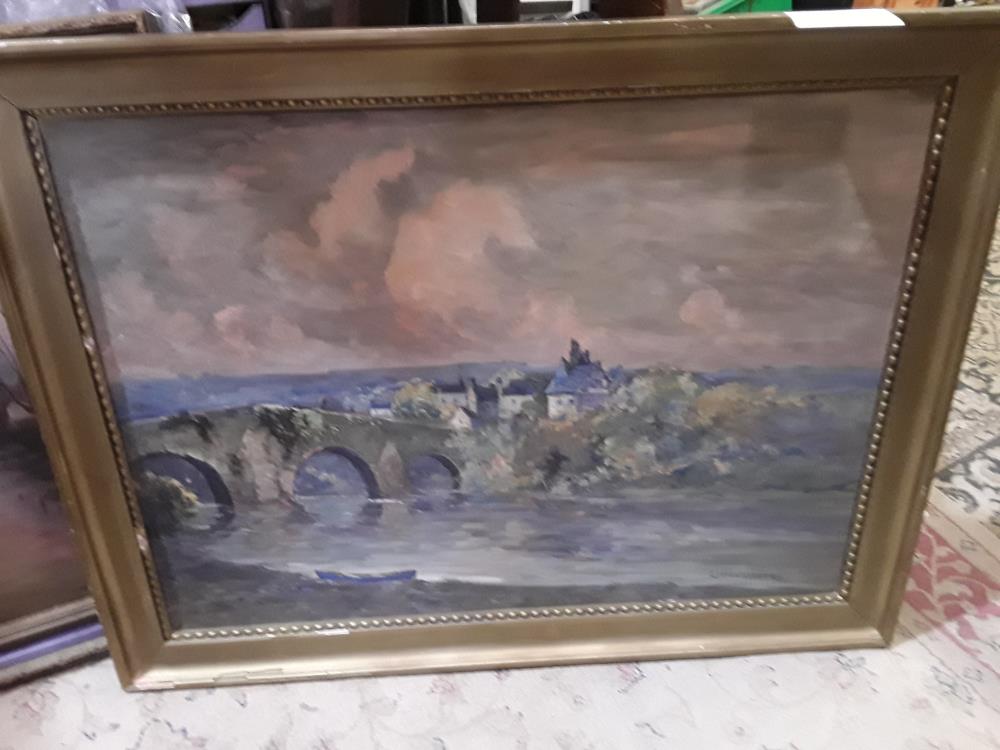 TABLEAU HUILE VIEUX PONT SIGNEE L; LLALILATRE CADRE ABIME