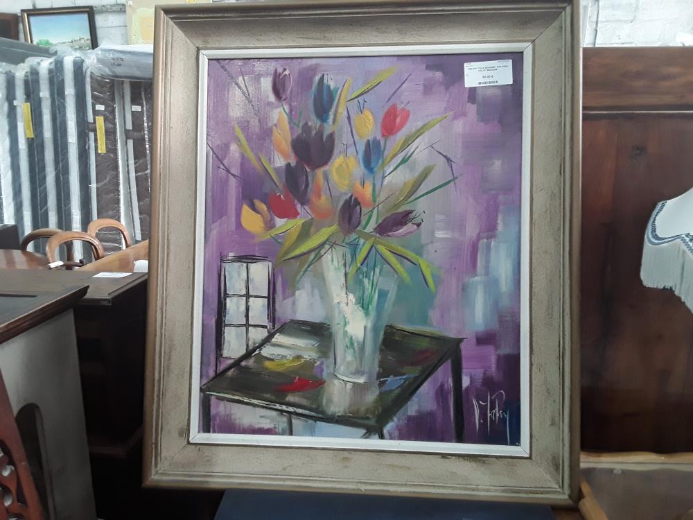 TABLEAU FUILE BOUQUET SUR FOND VIOLET ENCADRE