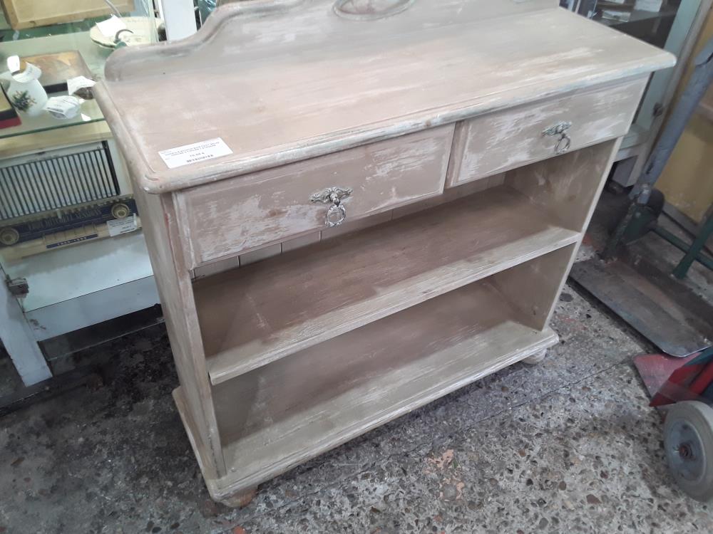 CONSOLE 92/30CM BOIS PEINT BEIGE CERUSE 2 TIROIRS 1 ETAGERE