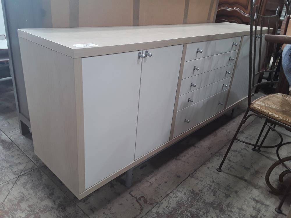 MEUBLE BAS DECO BOIS ET BLANC IKEA 185CM 4P 5T SUR PIED METAL