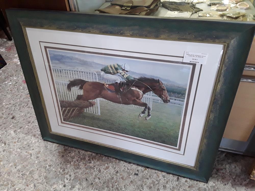 REPRO JOCKEY HIPPIQUE AU GALOP CADRE VERT  SS VERRE GM