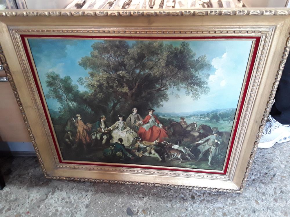 REPRO SUR TOILE SCENE ROYALE FIN DE CHASSE CADRE DORE GM