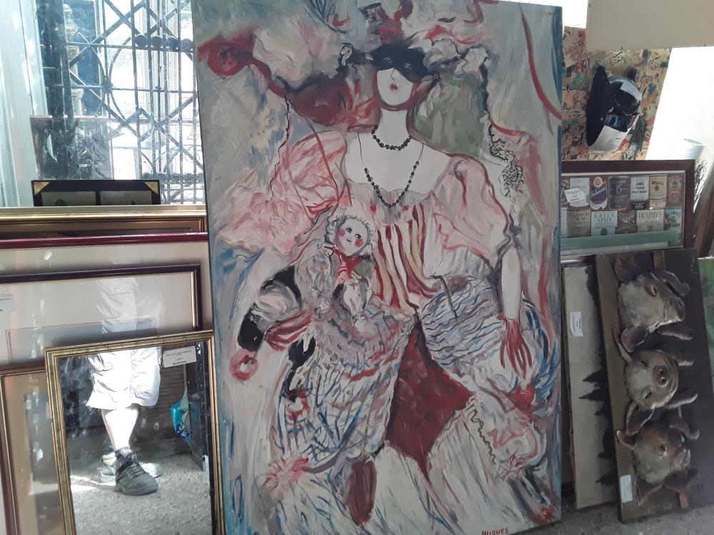 TABLEAU FEMME AU BAL MASQUE PETITS DEFAUTS TECHNIQUE MIXTE 97/143CM 