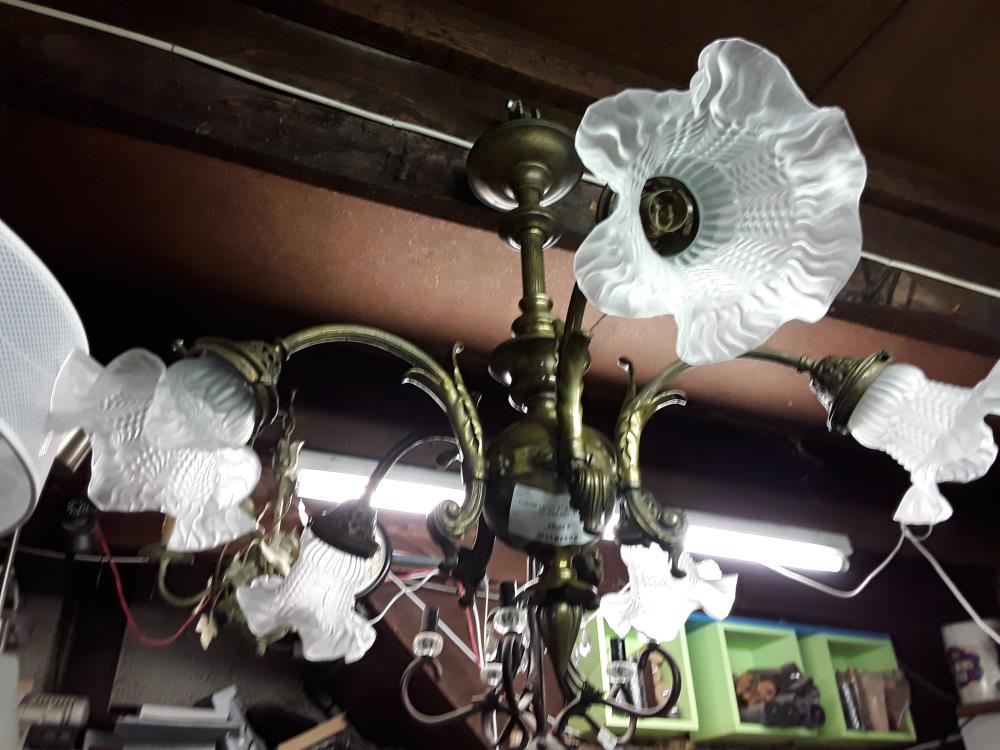 LUSTRE LAITON ET BRONZE BOULE 6 TULIPES DENTELEE