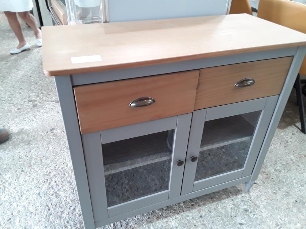 MEUBLE BAS GRIS  2T PLATEAU NATUREL 2P VITREES 