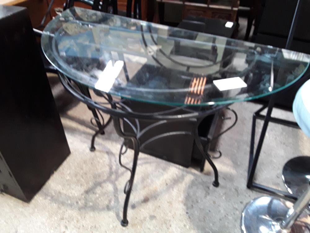 CONSOLE FER NOIR DEMI LUNE PLATEAU VERRE