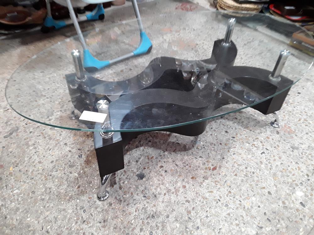 TABLE BASSE PIETEMENT DOUBLE ONDULATION NOIR PLATEAU OVALE VERRE 140X80 