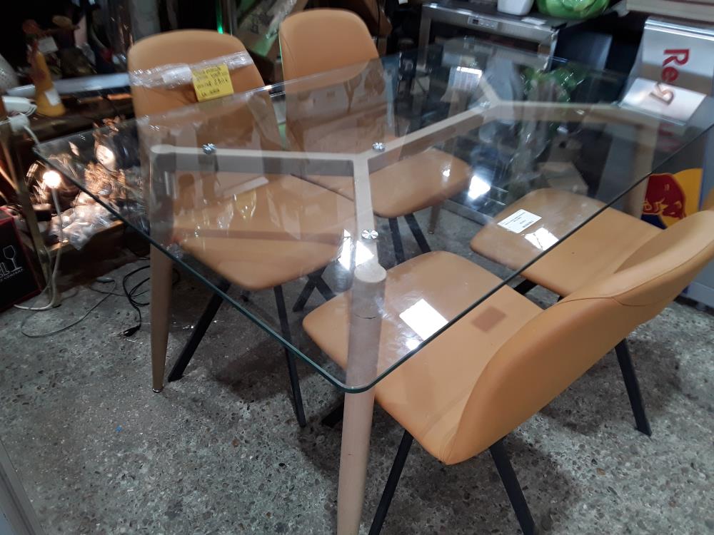 TABLE PLATEAU VERRE 90X150 PIED METAL BEIGE 
