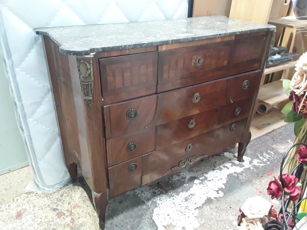 COMMODE SECRETAIRE MARQUETEE PLATEAU MARBRE GRIS RECOLLE