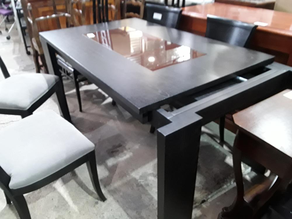 TABLE WENGUE  140X90 INSERT VITRE FUMEE + ALLONGE DE 40CM