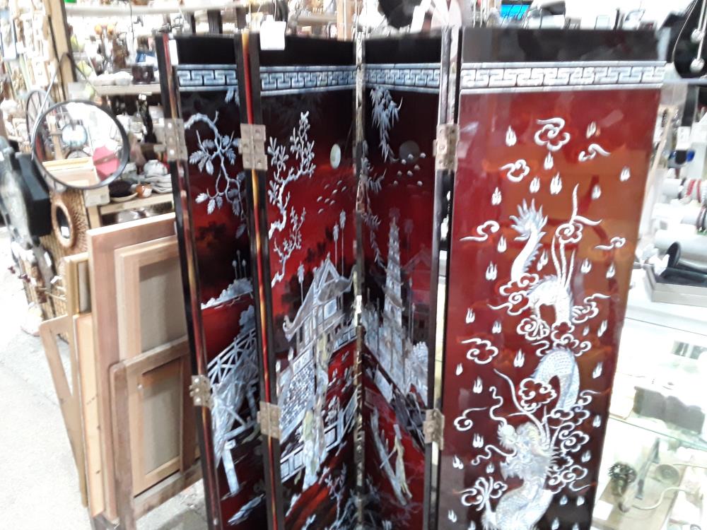 PARAVENT H 160CM6  VENTAUX DE 40CM LAQUE A DECOR DE DRAGONS NACRE RECTO/VERSO