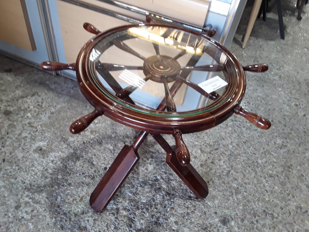 GUERIDON ROND BARRE DE BATEAU PLATEAU VERRE PIEDS RAMES