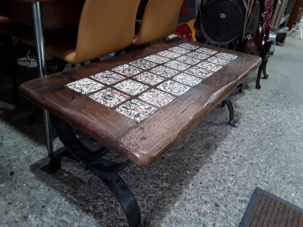 TABLE BASSE  CHENE ARTISANALE CARREAUX DECOR  PIETEMENT FF