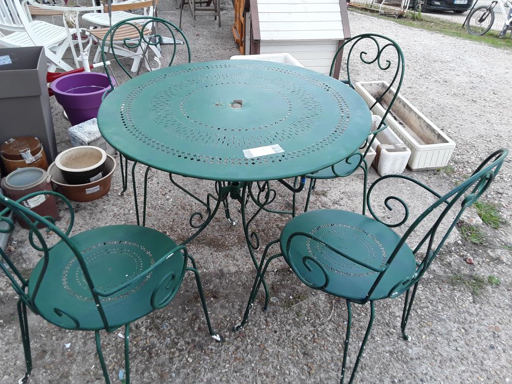 SALON DE JARDIN METAL VERT  TABLE ROND 97CM + 4 FAUTEUILS