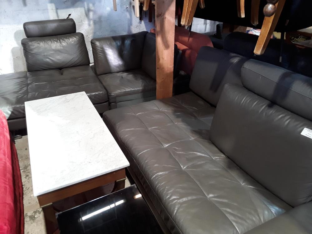CANAPE D ANGLE CUIR GRIS DOSSIER REGLABLES+TETIERES 