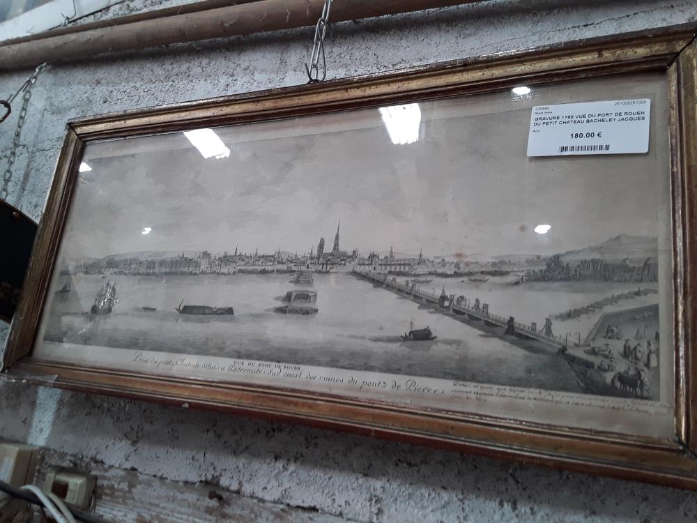 GRAVURE 1765 VUE DU PORT DE ROUEN DU PETIT CHATEAU BACHELEY JACQUES  ETITECADRE AVEC DEFAUTS