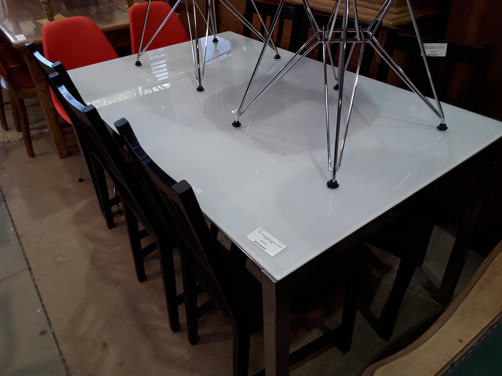 TABLE PIED CHROME PLATEAU VERRE BLANC 135X85