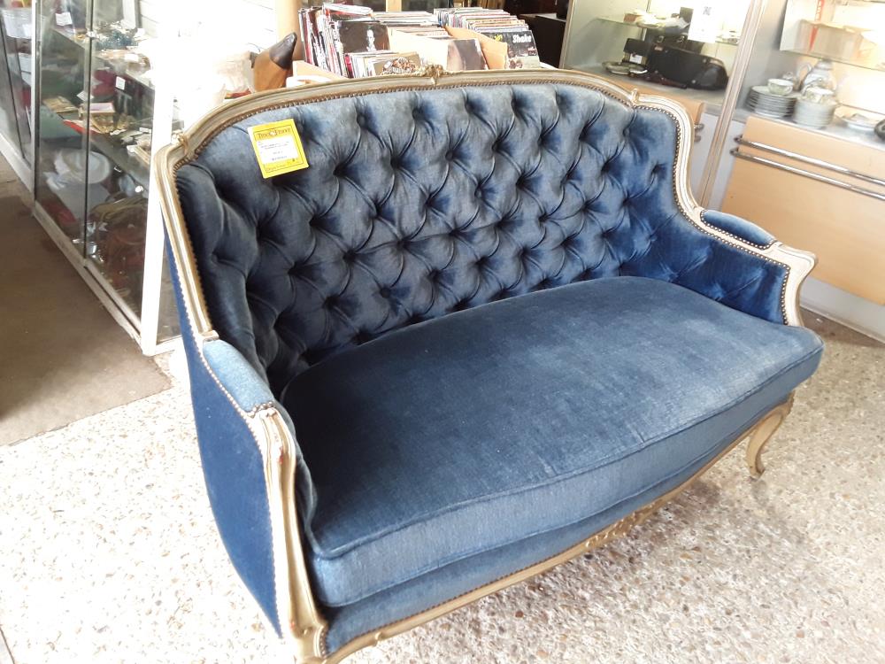 SALON 3 PIECES STYLE LXV TISSU VELOURS BLEU CAPITONNE