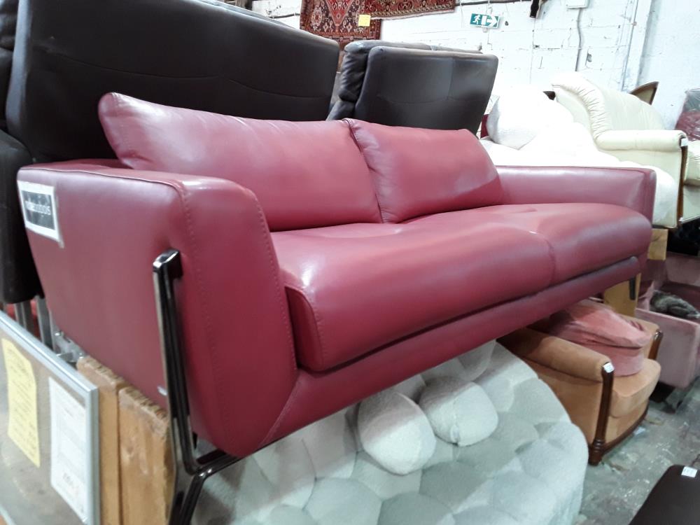 CANAPE CUIR  FIXE FRAMBOISE PIED DESIGN METAL ROCHE BOBOIS