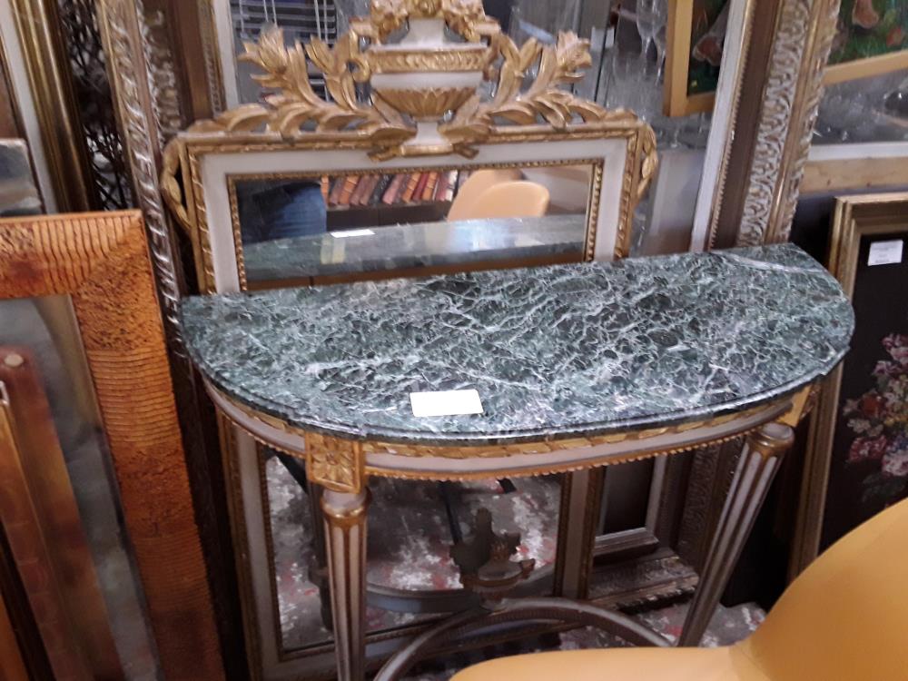 CONSOLE DEMI LUNE BOIS ET DORE MARBRE RECOLLER+ MIROIR A FRONTON